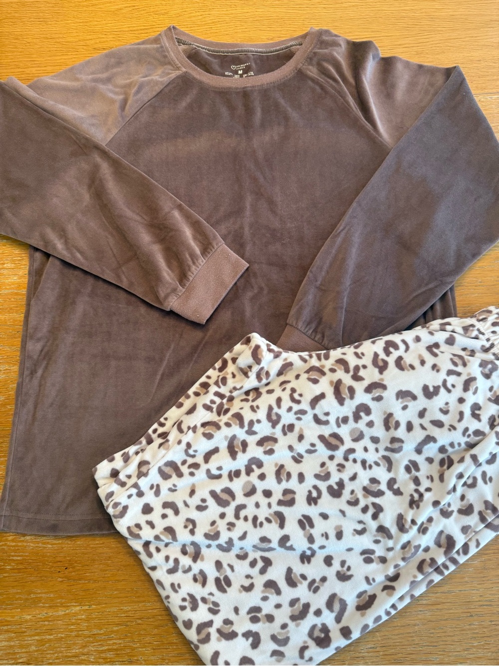 Primark Brown Velour Top with Cream & Brown Leopard Print Pants Pajama Set
